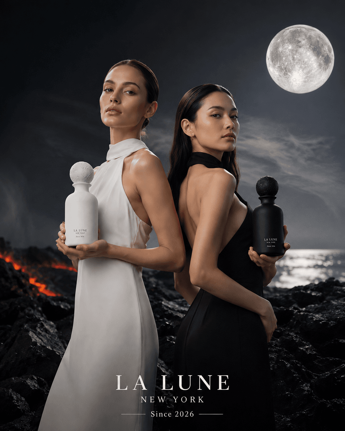 Two models wearing La Lune, holding the CHALK and OBSIDIAN diffusers under a full moon